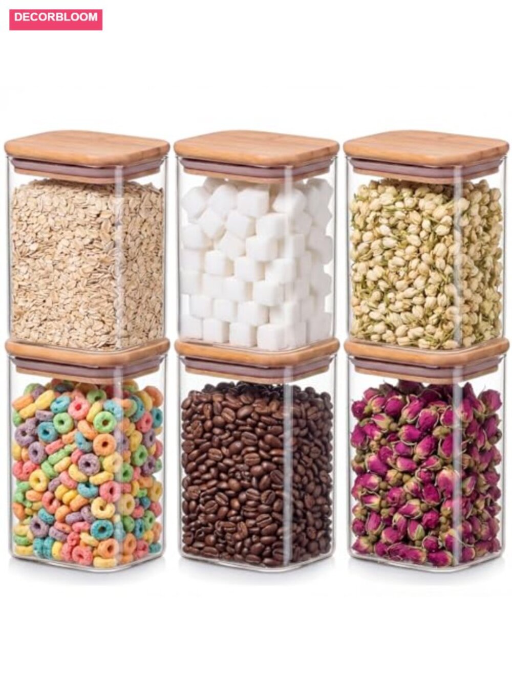 6-Pack 1.2Qt Rectangle Glass Storage Jars with Bamboo Lids - Airtight Food
